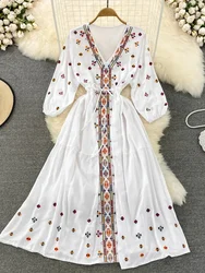 New Spring Summer Bohemian Retro Ethnic Style Embroidery V-neck Waist A-line Seaside Holiday Swing Long Vestidos Dress D1491