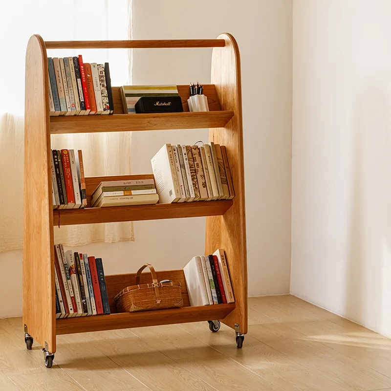Solid wood movable bookshelf with wheeled trolley floor shelf living room study children's bookcase