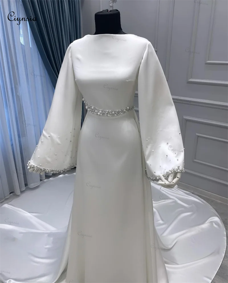 Ciynsia personalizado elegante manga longa vestido de casamento muçulmano 2025 noiva frisado pérolas marfim vestidos de noiva alta pescoço robe de mariée