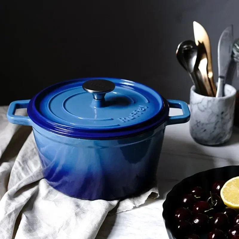 Enamel Cast Iron Cooking Pot, High Appearance Level Kitchen Cookware, Blue Round Induction Cooker Pot, Gas Cache Soup Pot.