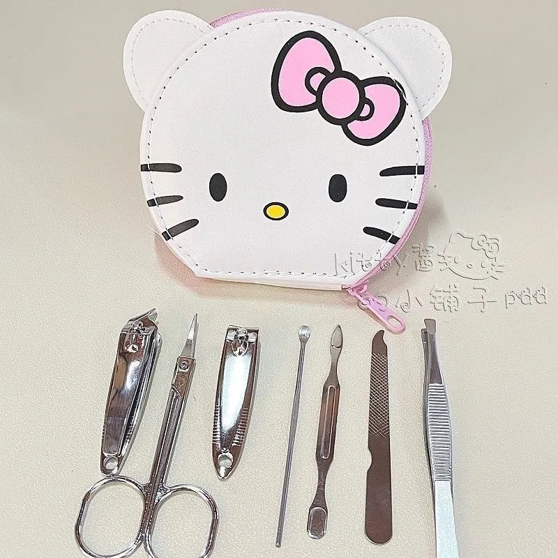 Hello Kitty Nail Clipper 7piece Set Kawaii  Cute Girl Cartoon Scissors Household Eyebrow Clip Tweezers Students Manicure Tools