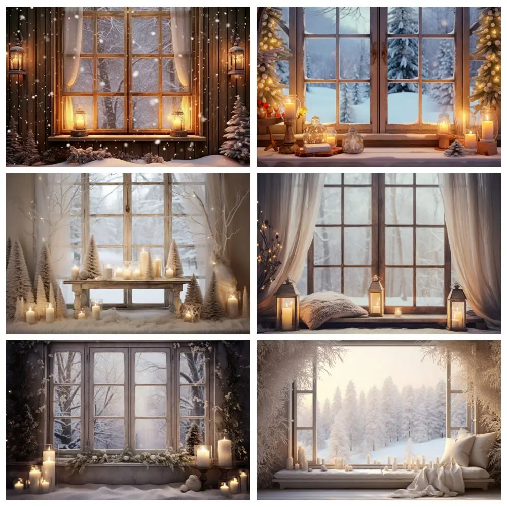 

Christmas Winter Window Backdrop Curtains Candle Lamp Xmas Party Interior Room Wall Decor Family Portrait Photography Background