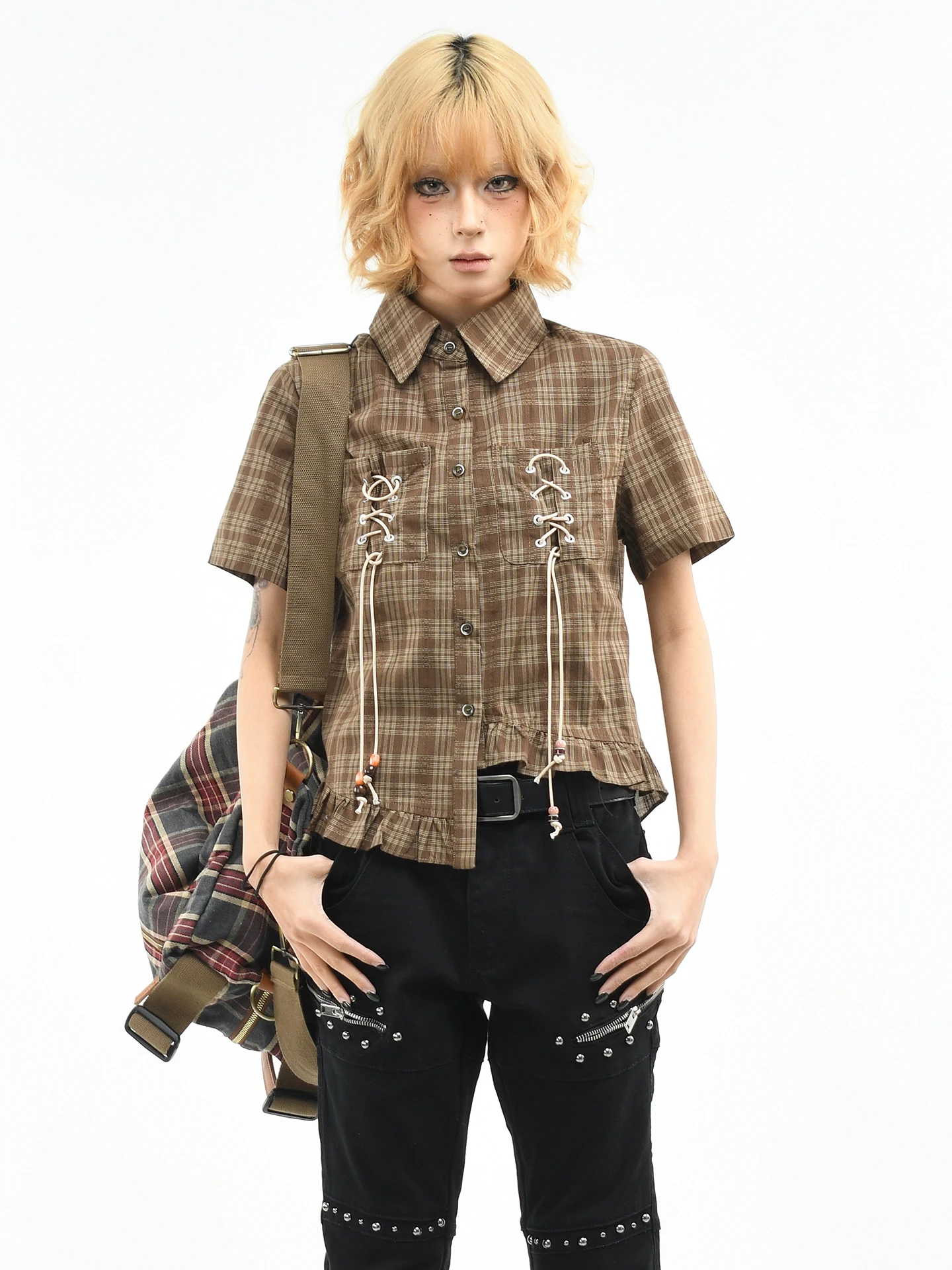 

OV Original Retro Plaid Belted oulder Length ort Sve irt Women Summer Asymmetrical Hem Slimming Trendy Cotton irt