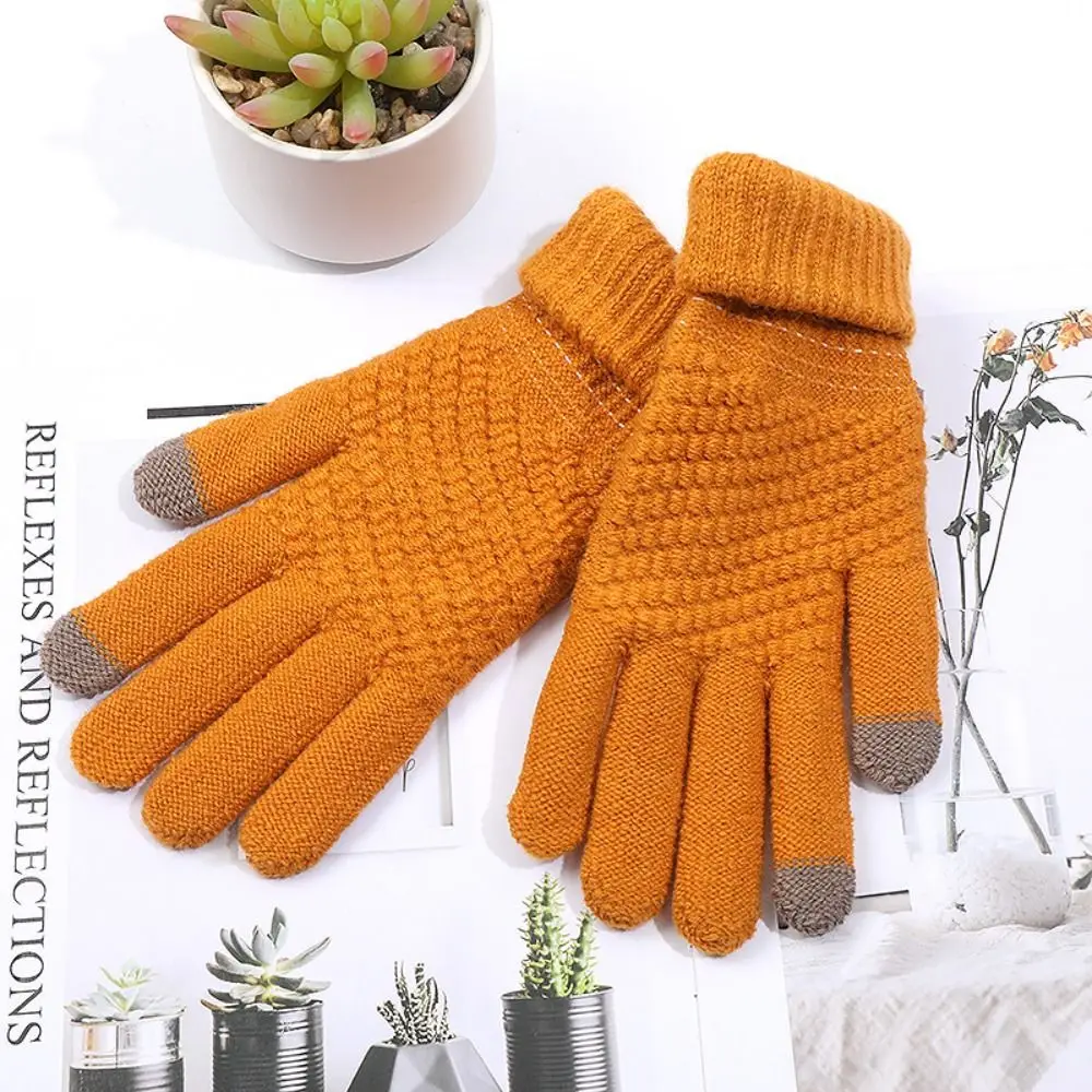 

Korean Thick Warm Winter Knitted Gloves Stretch Knit Full Finger Warm Gloves Touch Screen Winter Mittens Cycling Driving Use