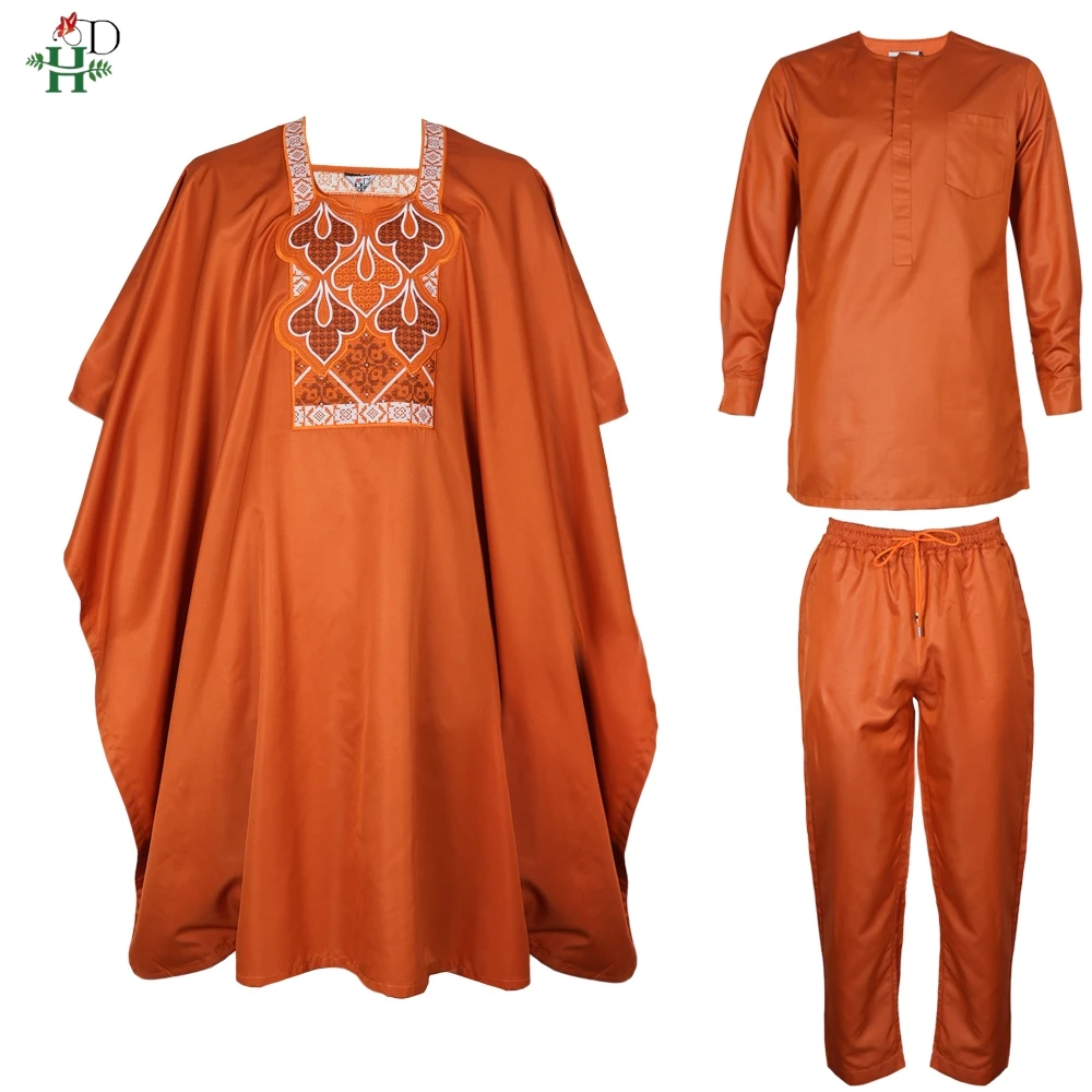 2025 Africano Boubou Uomo Agbada 3 pezzi Abiti Arancione Dashiki Camicia da uomo Pantaloni Abito Abiti ricamati Matrimonio Top Pantaloni Set