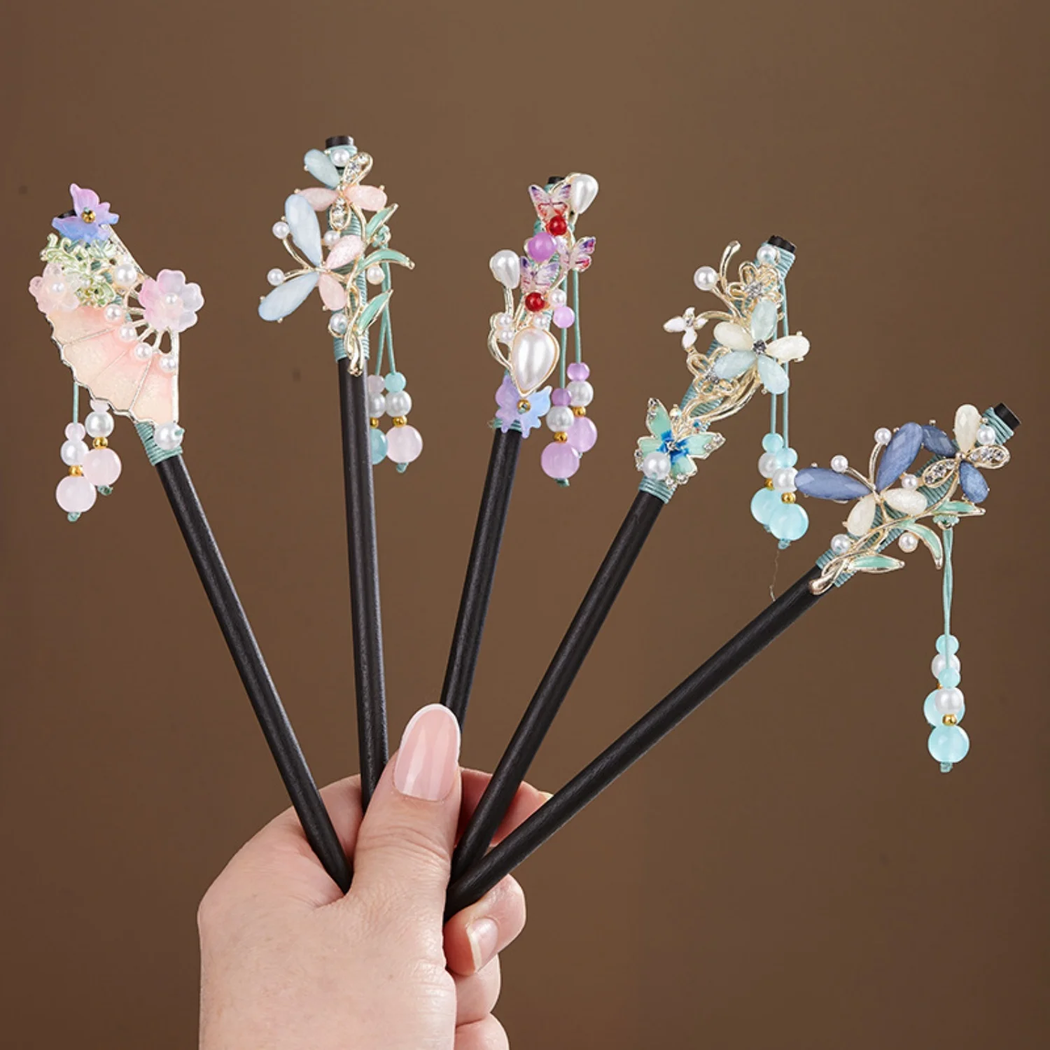Trendige Holz-Blumen-Haarnadel für Frauen, eleganter blauer Orchideen-Perlen-Quasten-Haarstab, Mädchen-Kleid-Kopfschmuck, Schmuck, Haar-Accessoires