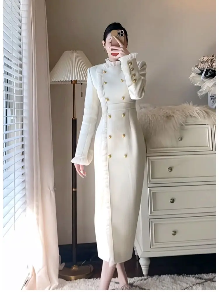 Autumn Winter Dresses for women Metal Button Patchwork Ruffled Long Sleeve Elegant Fashion Slim Over knee long Dress Y4335