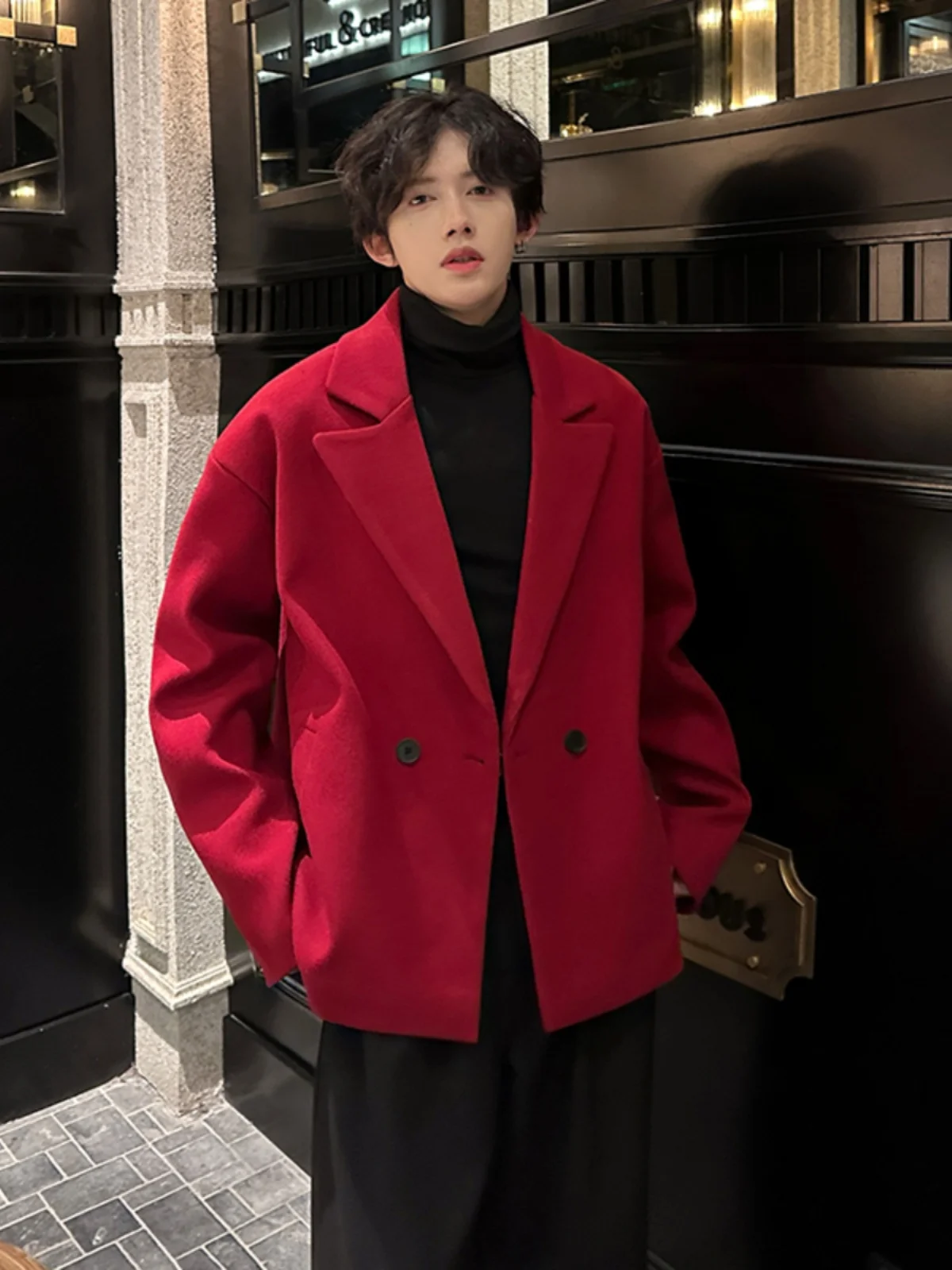 

Мужское зимнее шерстяное пальто 2025 года (Год Змеи) красного цвета, утепленное, повседневное, модное, молодежное, стильное