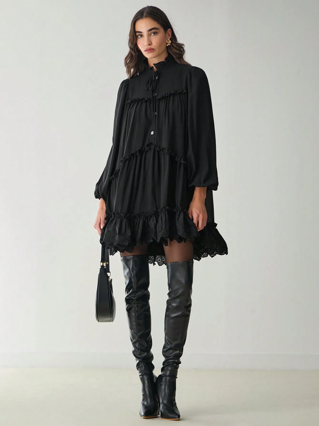 

Black Ruffled Lantern Sleeve Mini Dress with Lace Hem for Date Night & Events