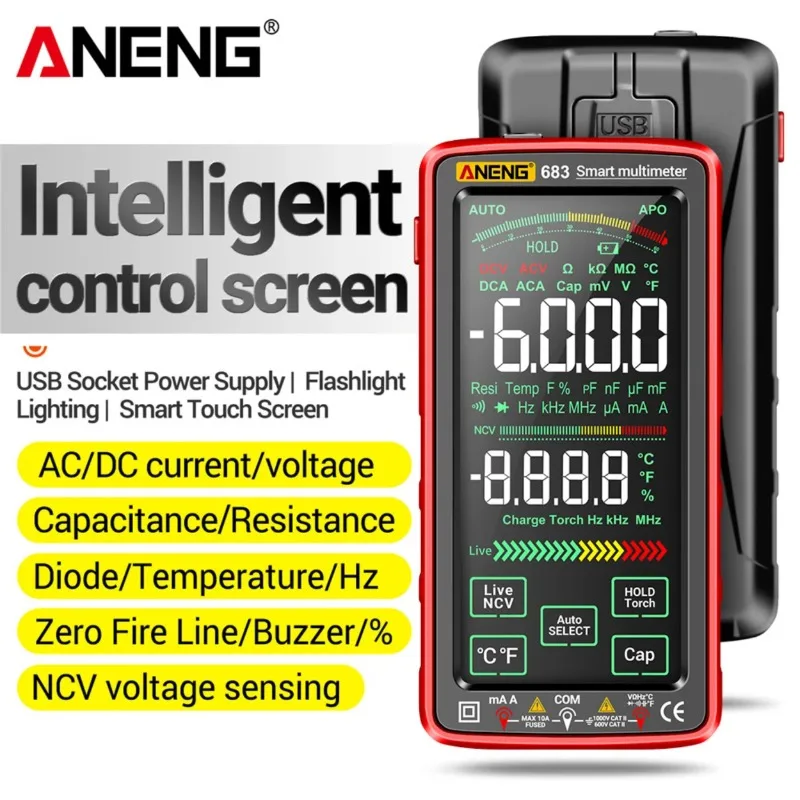 

ANENG 683 High-end Touch Smart Multimeter 6000 Counts Multimetro Test Rechargeable Multitester AC/DC Voltage Tester Current Tool
