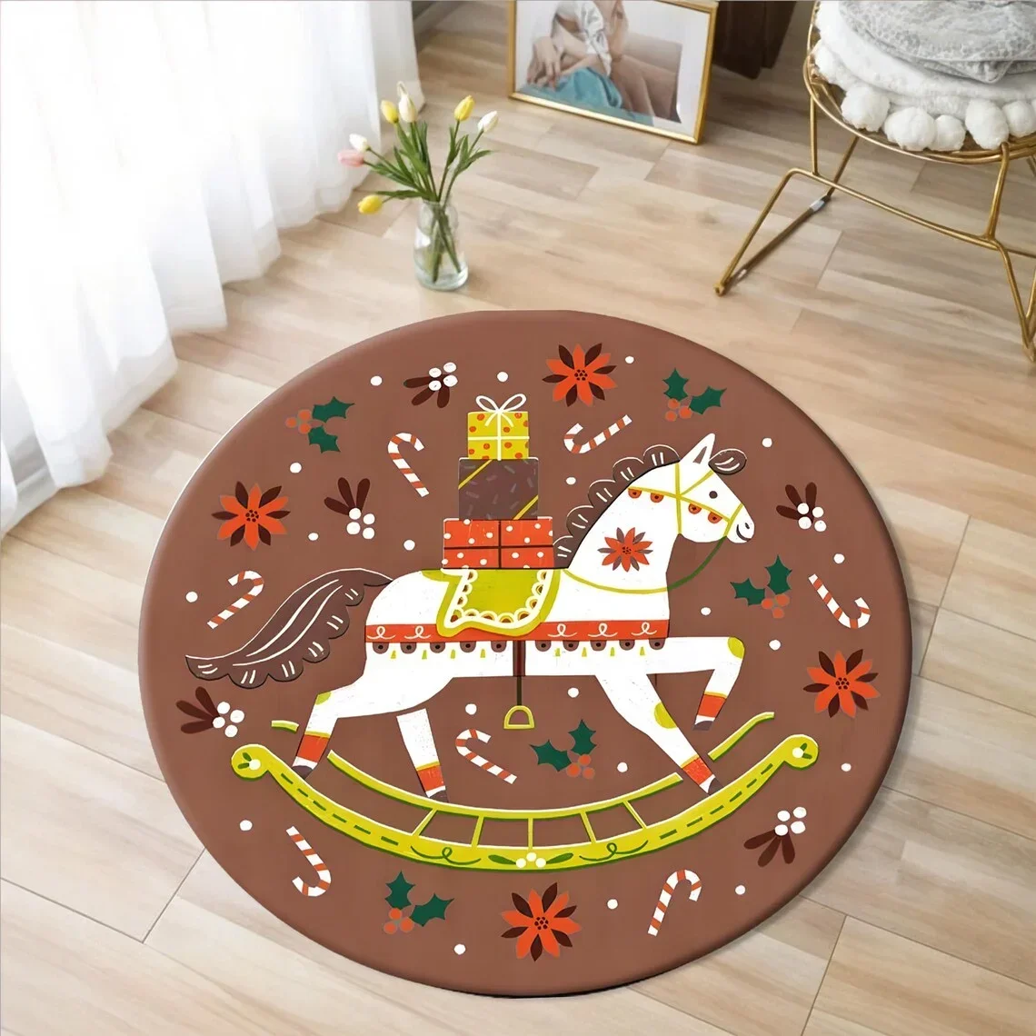 Christmas Horse Printed Circle Carpet for Living Room Decor Ballerina Cartoon Round Rug Sofa Kid Non-slip Floor Mat Rugs