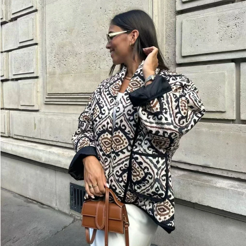 Chic Vintage Print Open Front Short Padded Cotton Coat Contrast Trim Loose Fit Daily Casual Classic Trendy Outerwear Jacket 2026