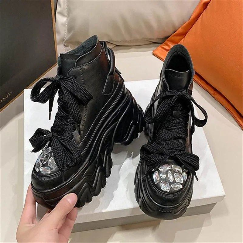 Woman Chunky Diamond Ankle Boots Winter Warm Motorcycle Boots 8CM Heels Soft Leather Sneakers size 34-39