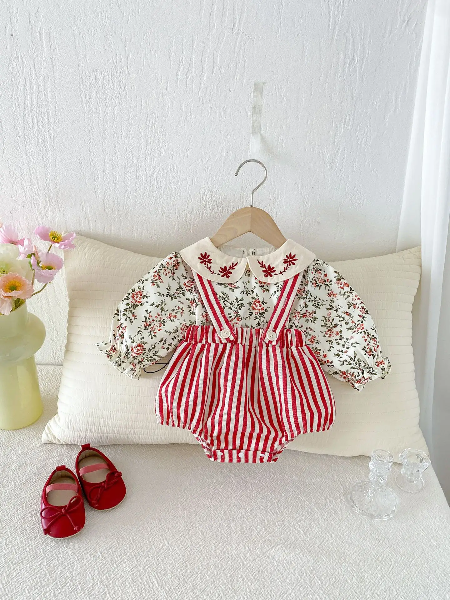 Autumn Cute Baby Clothing Sets Floral Print Peter Pan Collar Top+Suspender Pants 2Pcs For 3M-3Y Girls Stripe Infant Suit