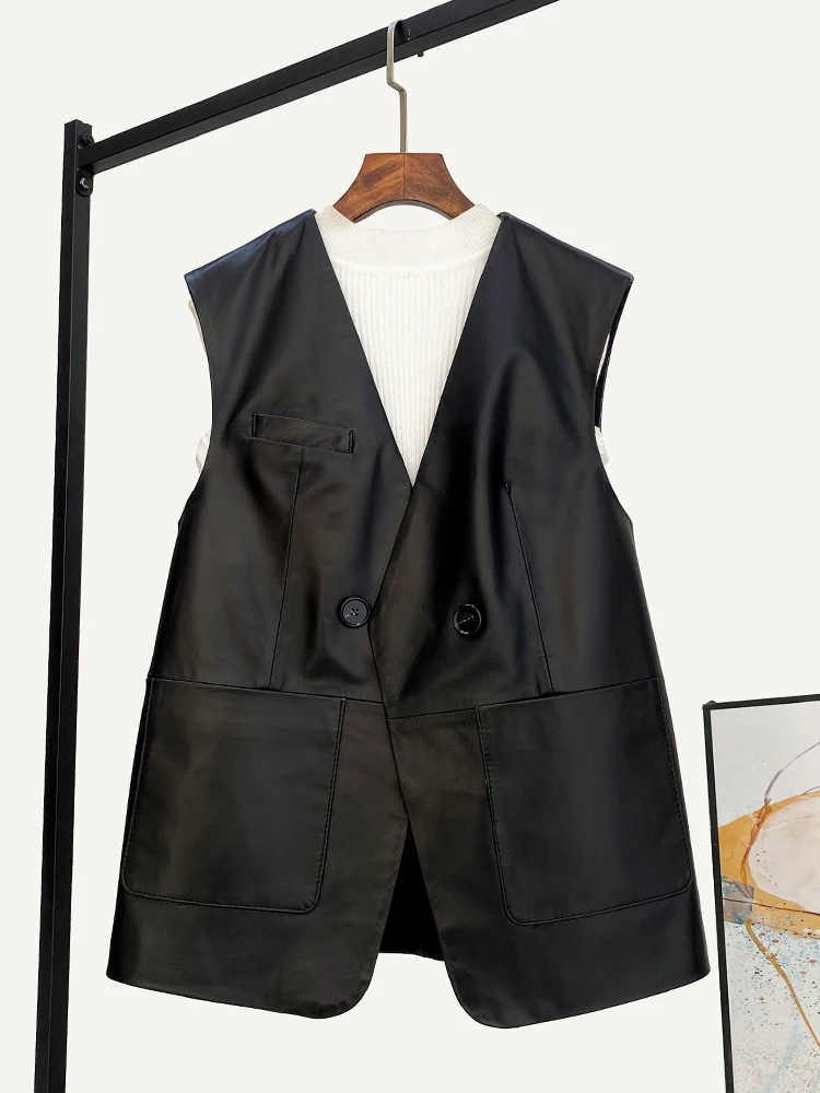 Autumn New High Quality Genuine Real Leather Vest Women's Sheepskin Loose Wide Mid-Length Coat