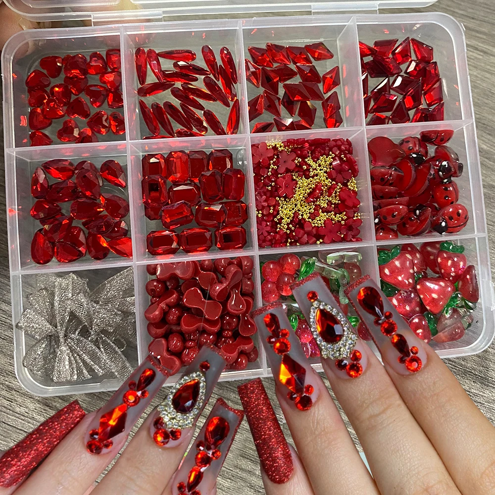 

12Grids Red Diamond Jewelry Nail Charms 3D Mixed Bow/Cherry/Strawberry/Acrylic Flowers Nail Rhinestone DIY Crafts Nail Parts Dec