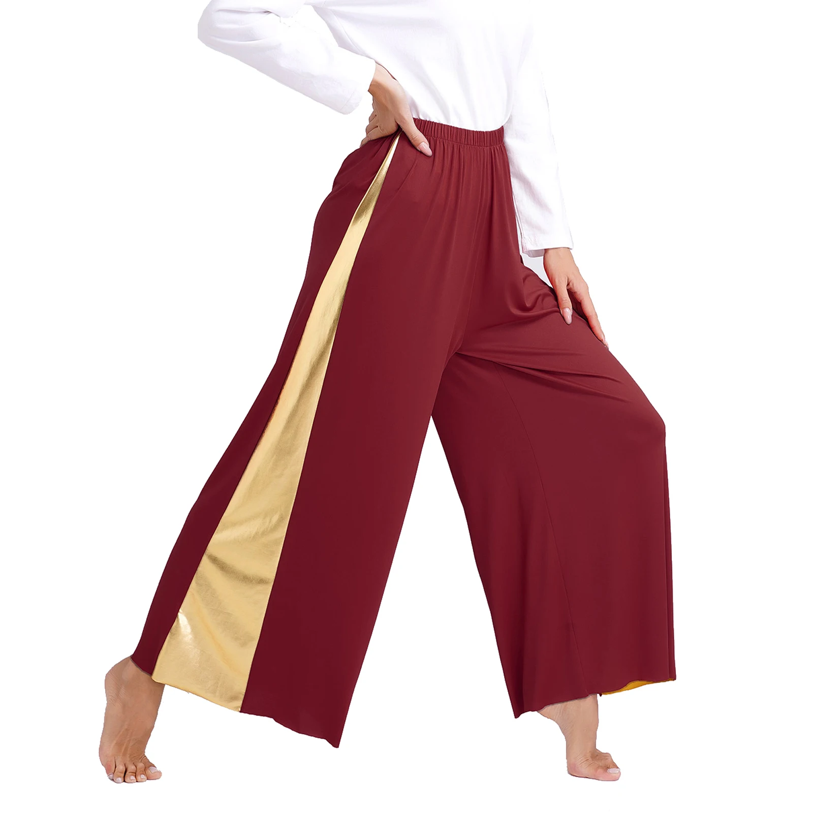 Womens Metallic Dancing Loose Pants High Waist Elastic Waistband Wide-Leg Trousers for Liturgical Dance Ceremony Performance