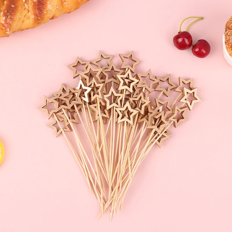 50/100Pcs Star Shape Bamboo Skewers Food Cocktail Picks Buffet Fruit Cupcake Fork Sticks Party Table Decoration Supplies 12/14cm