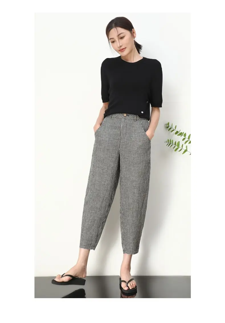 Checkered Cropped Pants For Women's 2026 Summer New Korean High Waisted Loose Drape Wide Leg Harlan Casual Pants