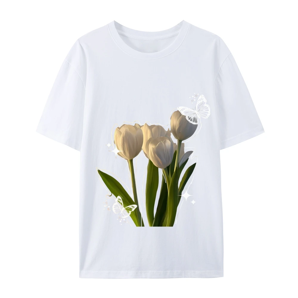 

Floral Graphic Tee, Showcasing Sparkling Tulips & Butterflies, Dreamy & Delicate, Soft Fabric for Enchanting Casual Looks