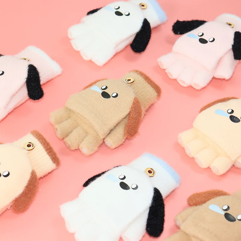 5-12 year old winter boys and girls half finger flip dual-use cartoon puppy student open finger writing warm gloves