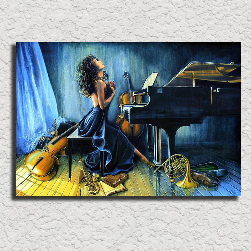 

Hand Painted Canvas Oil Painting Girl Playing Piano Figure Art Modern Music Paintings for Living Room Wall Decor High Quality