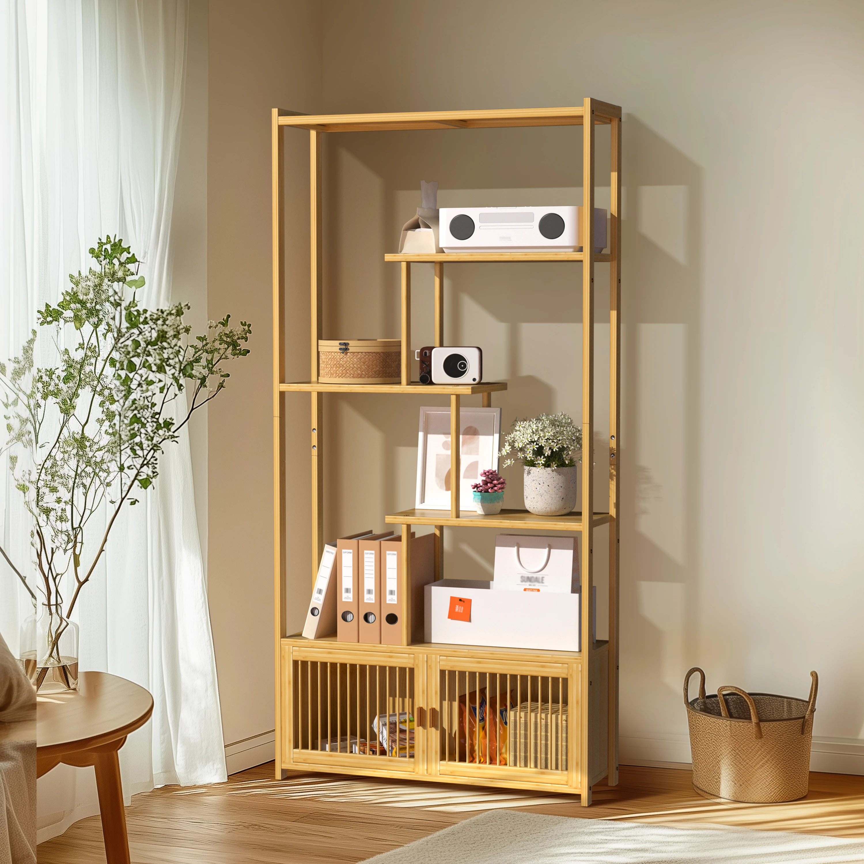 Free Standing Storage Rack Bamboo Bookshelf Cupboard Living Room Bedroom