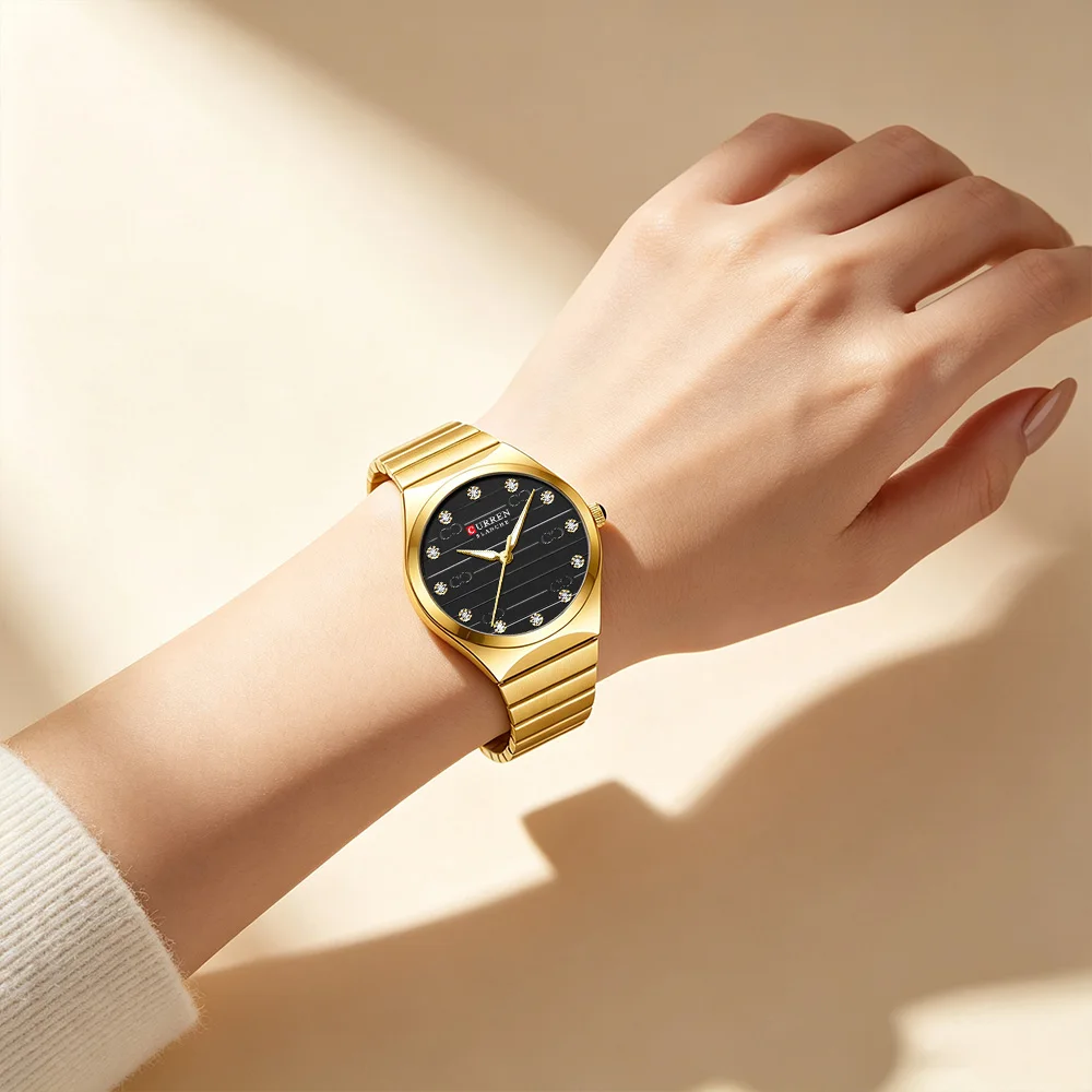 CURREN Luxury Women's Watch Stainless Steel Band Quartz Wristwatch with Rhinestones Accent Dress Watch for Party Daily