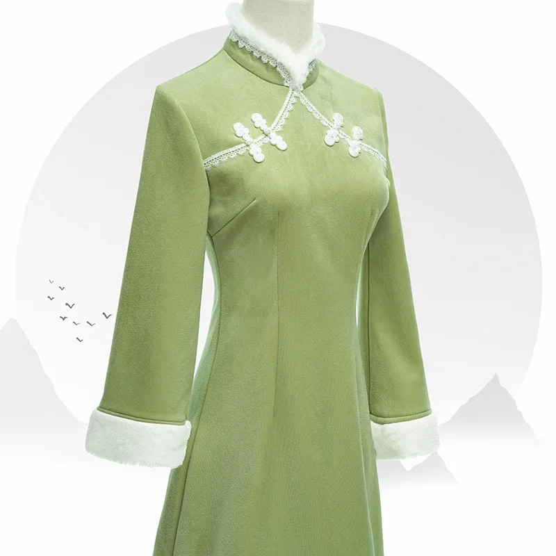 

2022 Autumn Winter Green Cheongsam Young Girls Style Retro Daily Long-sleeved Thickened Improved Chinese Qipao Dress for Women