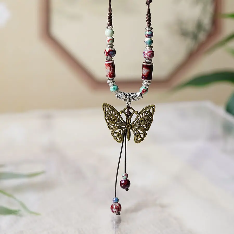 Vintage Fashion Handmade Ceramic Butterfly Pendant Necklace for Women Sweater Chain Retro Chinese Style Jewelry Accessories