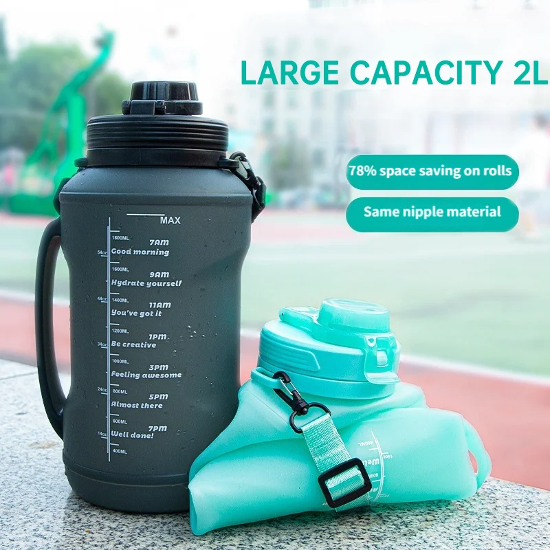 Collapsible Water Bottles, 2L/64OZ Travel Water Bottle with Straw, Leakproof Large Water Bottle for Travel Outdoor Sports