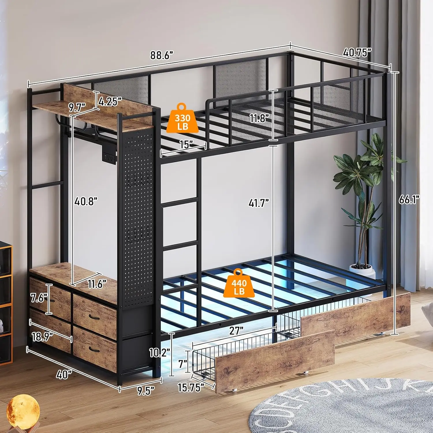Twin Over Twin Bunk Bed with Storage, Charging, LED, Rods, Pegboard, No Box Spring, Easy Assembly, Rustic Brown, Customized