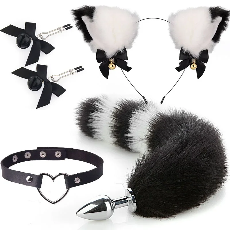 4pcs Cute Fox Tail Anal Plug Cat Ears Headbands Nipple Clip Neck Collar Set Erotic Cosplay Sex Toys for Women for Couples Erotic