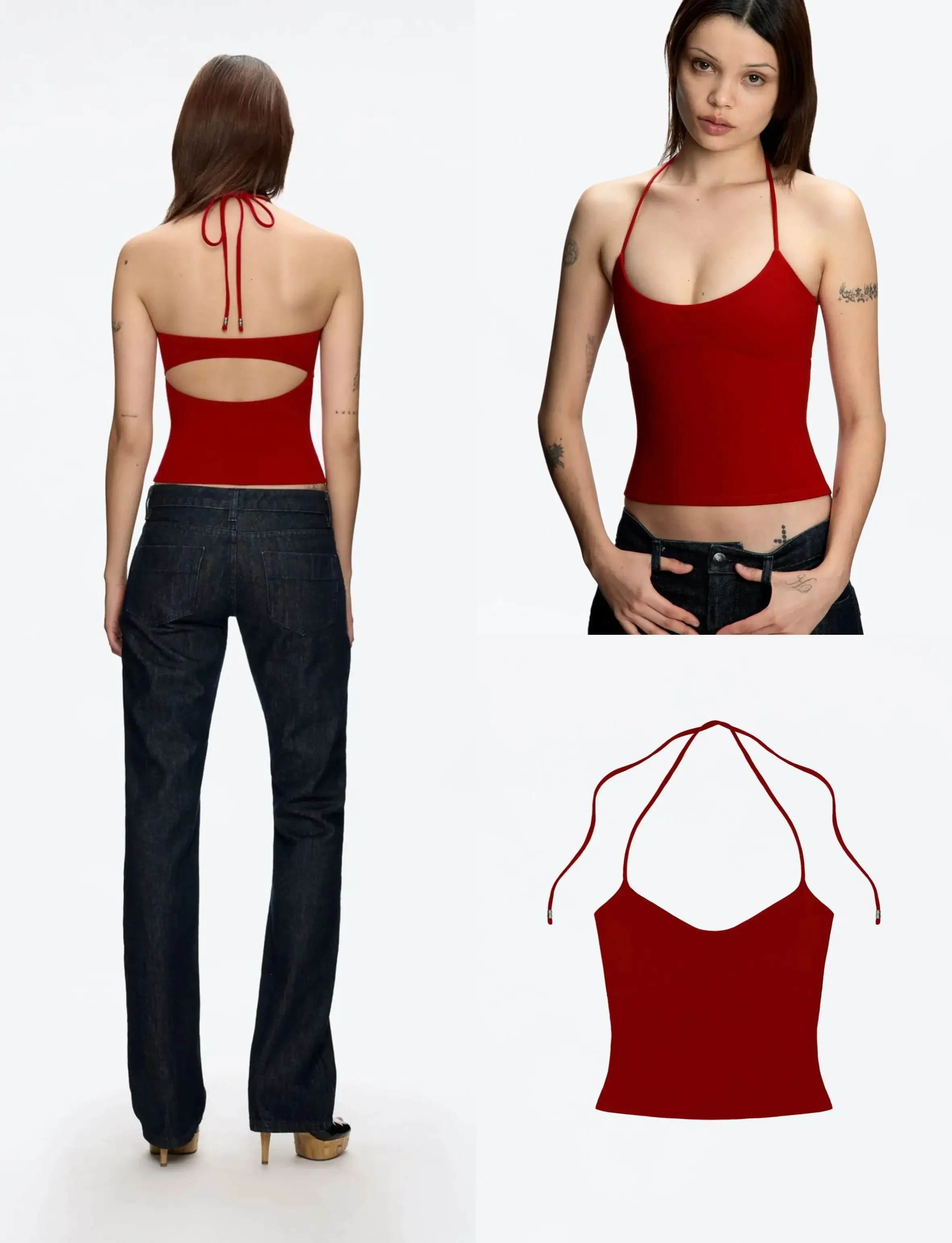 

Tank Top for Women, Red Backless Stretchy Camisole with Metal Embellishments and Self-Tie Straps, Low-Neck Sexy Halter Top, High-Quality Women's Clothing
