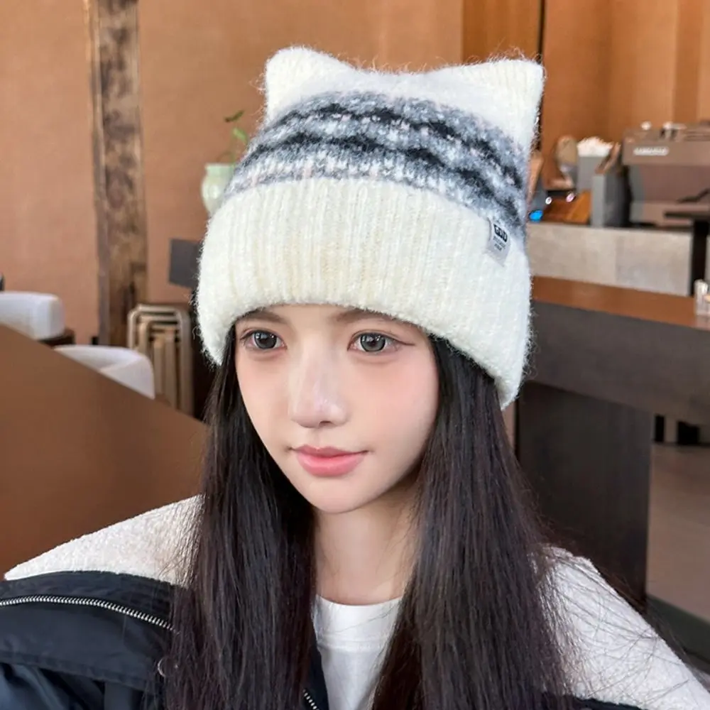 

Sweet Fair Isle Style Jacquard Knitted Hat Printed Warm Cat Ears Beanies Cute Korean Printing Knit Cap Girls