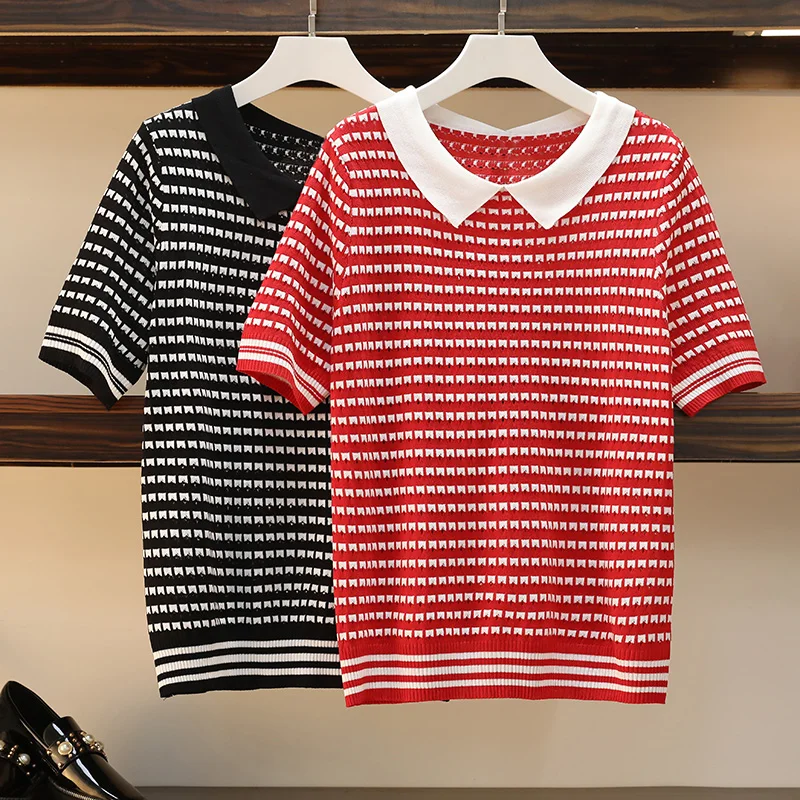 College style Women clothing Knitted Sweater Women Summer Hollow Out Stripe short sleeve Sweater Casual Female Pullover Knitwear