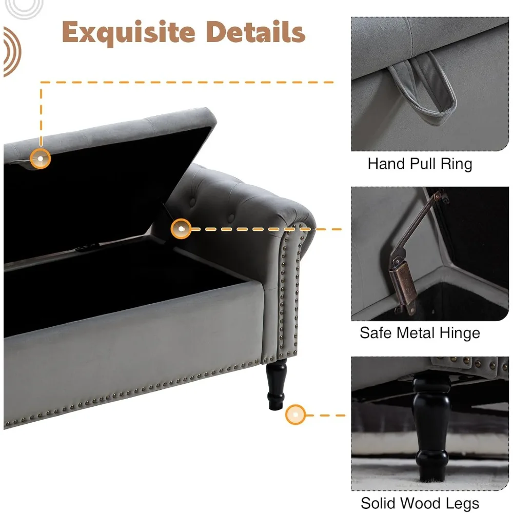 مقعد تخزين منجد بحجم كينج بأذرع، مسند معنقدة لنهاية غرفة النوم، أثاث غرفة نوم كبيرة مع مساحة تخزين