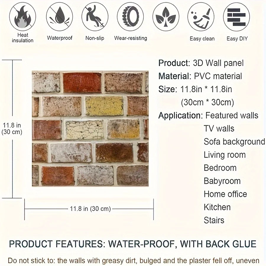 20pcs Vintage Brick Wall Tiles Self-Adhesive Waterproof Peel and Stick Wall Sticker Oil-Proof Easy Cleaning Kitchen Room