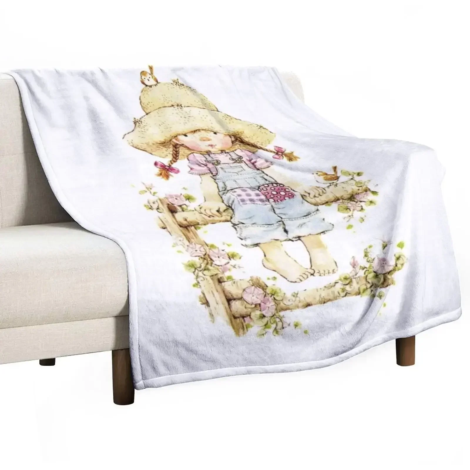 

Sarah Kay - Girl sitting on a fence with birds Throw Blanket halloween Sofa Quilt Blankets