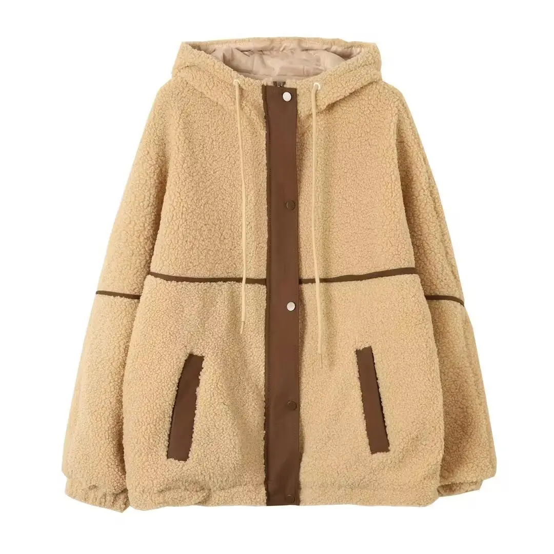 سترة نسائية شتاء 2025 جديدة غير رسمية ذات ألوان متباينة وسميكة ودافئة بغطاء للرأس