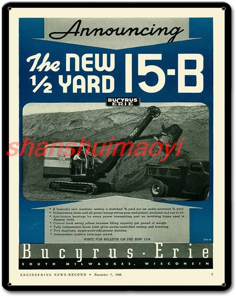 Bucyrus Erie 15-B Plaque Poster Metal Tin Sign 8