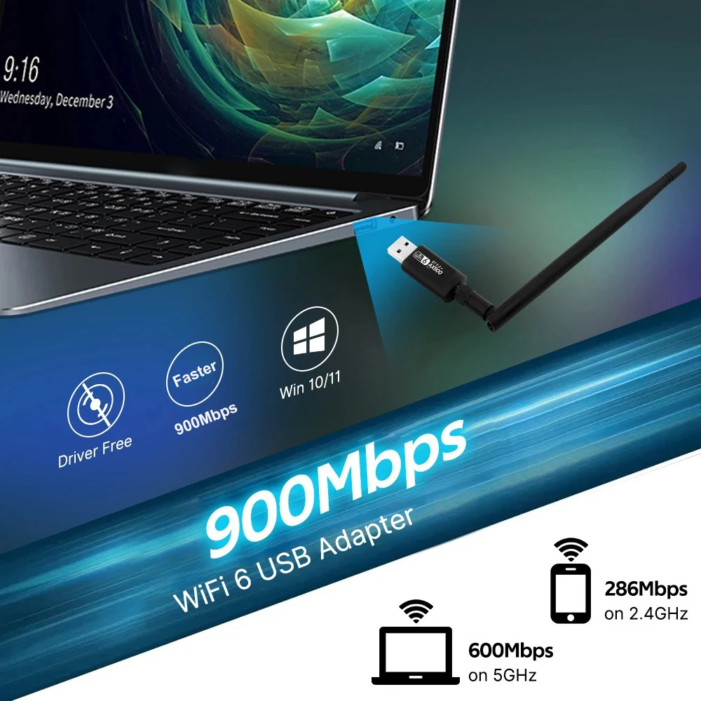 อะแดปเตอร์ WiFi 6 2.4G 5GHz 900Mbps การ์ดเครือข่าย WIFI เสาอากาศ5dBi ตัวรับสัญญาณดองเกิล USB ฟรีไดร์เวอร์สำหรับ Win 10/11ชิ้นอุปกรณ์เสริม