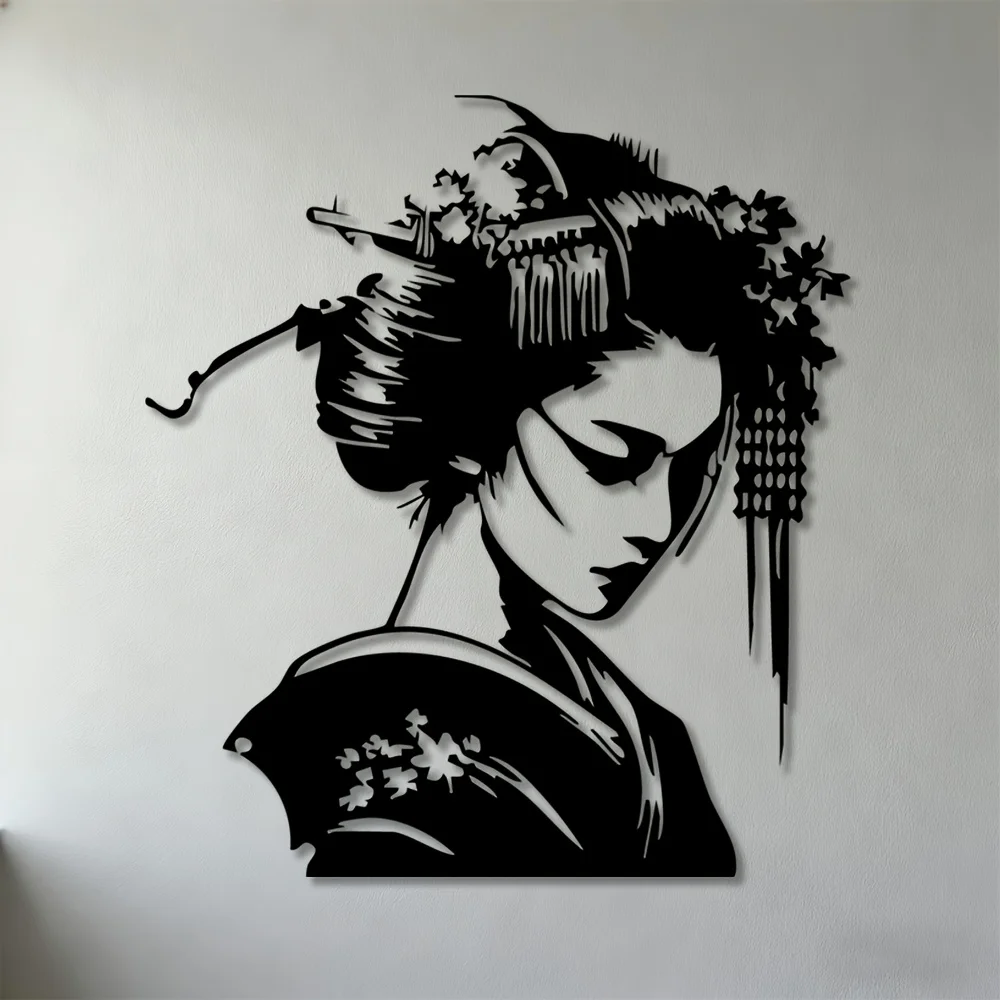 2D Flat 1pc Geisha Metal Wall Art Iron Japanese Woman Silhouette Wall Decor Bedroom Living Room Wall Hanging