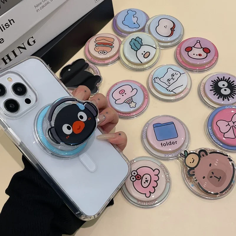 

Корейский милый мультяшный магнитный держатель для телефона Magsafe, подставка для телефона Tok Griptok для IPhone 15, складной чехол для беспроводной зарядки с кольцом-держателем