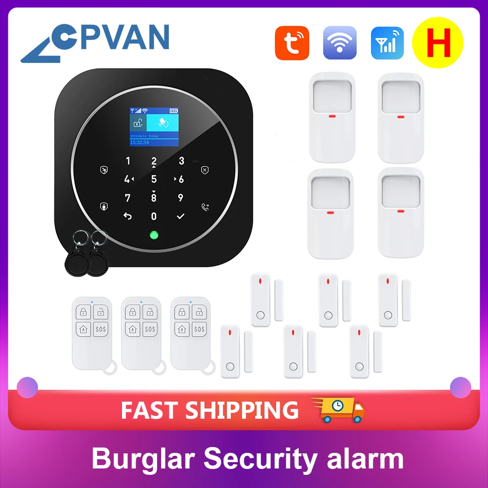 CPVAN Alarm System for Home Burglar Security 433MHz WiFi GSM Alarm Wireless Tuya Smart Motion Detecto App Control Touch Keyboard