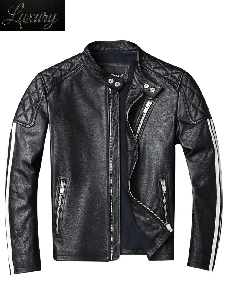 

2024 New fashion Men Leather Jacket 100% Genuine Cowhide Coat White Stripes Cool Biker Slim Short Autumn Clothing.