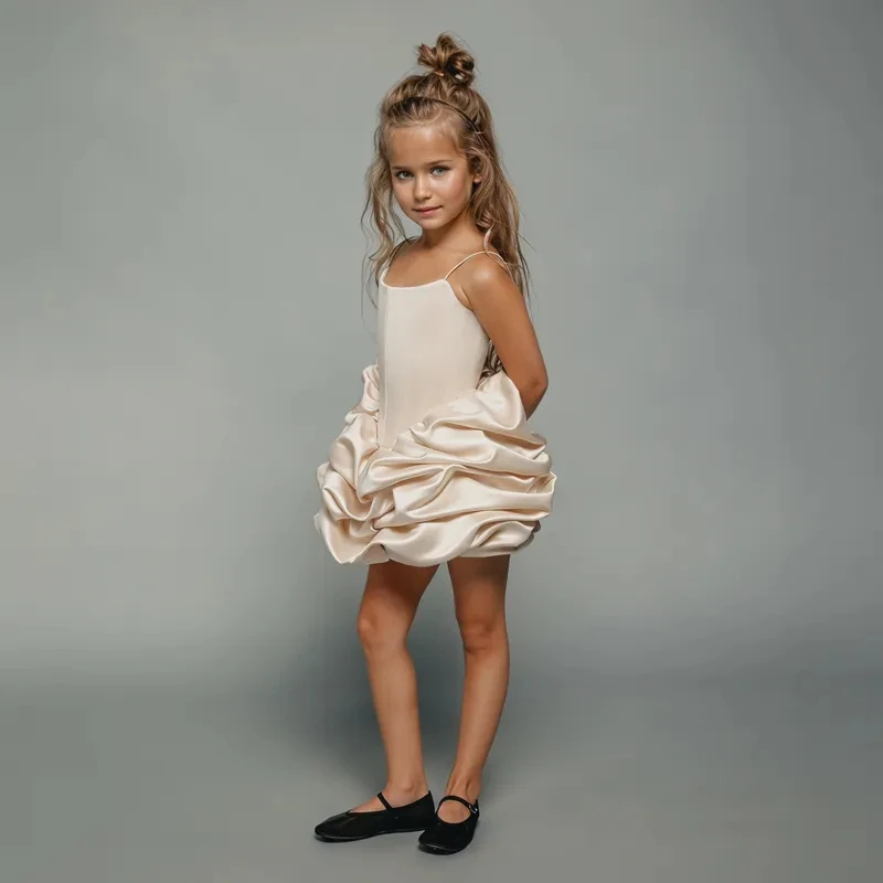Girls Satin Mini Dress Ruffled Bubble Skirt Kids Pageant Birthday Spaghetti Strap Wedding Flower Girl Party Formal Outfit