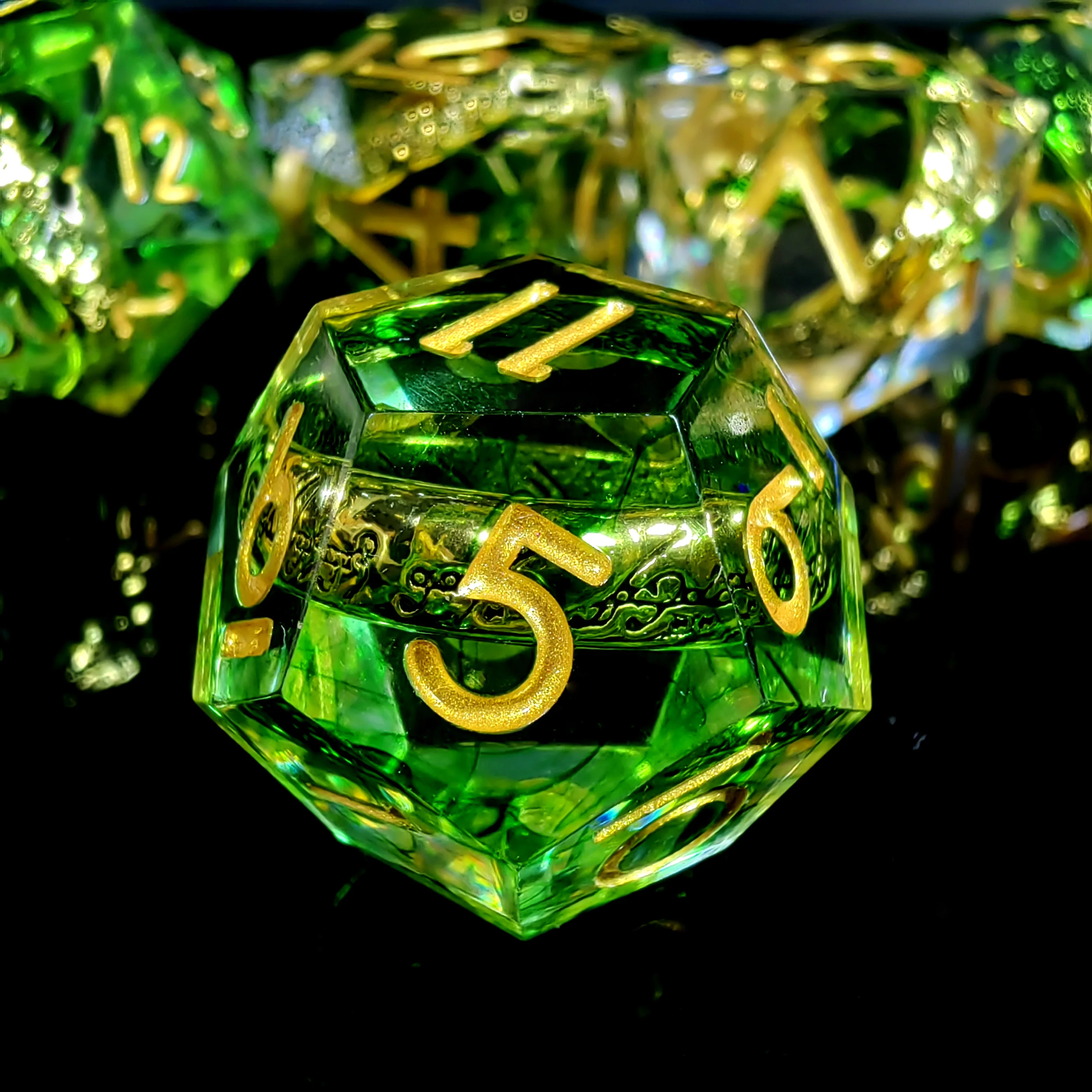 DnD Dice Set - 7pc Resin Polyhedral Dice with Dragon Ring Core, Emerald Green D&D Dice for RPG Games