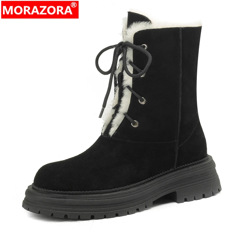 

MORAZORA 2025 New Suede Leather Wool Winter Snow Boots Women Lace Up Platform Ankle Boots Thick Fur Warm Handmade Ladies Shoes