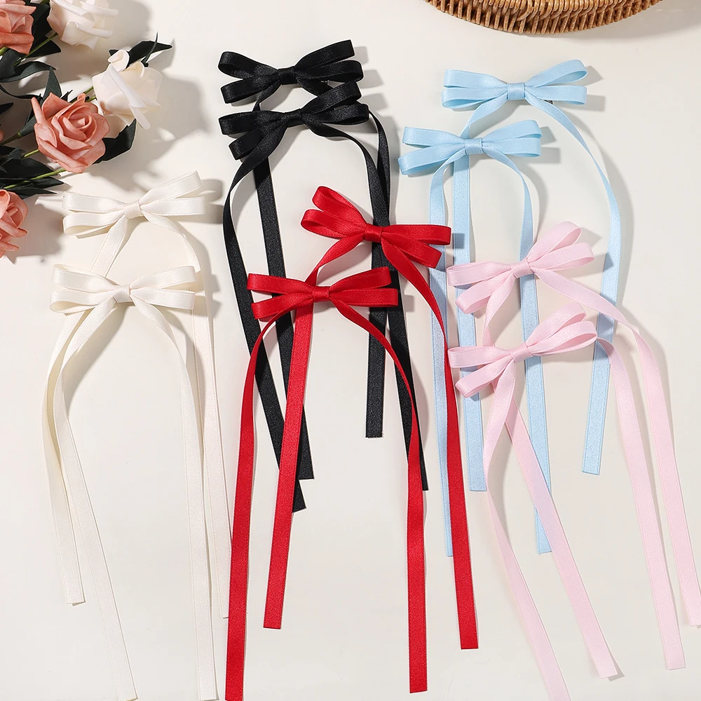 1pcs/2pcs Sweet Long Hair Bow Clips Ribbon Tassel Bowknot Hiar Clips for Girls Chidlren Boutique Barrettes Hair Accessories